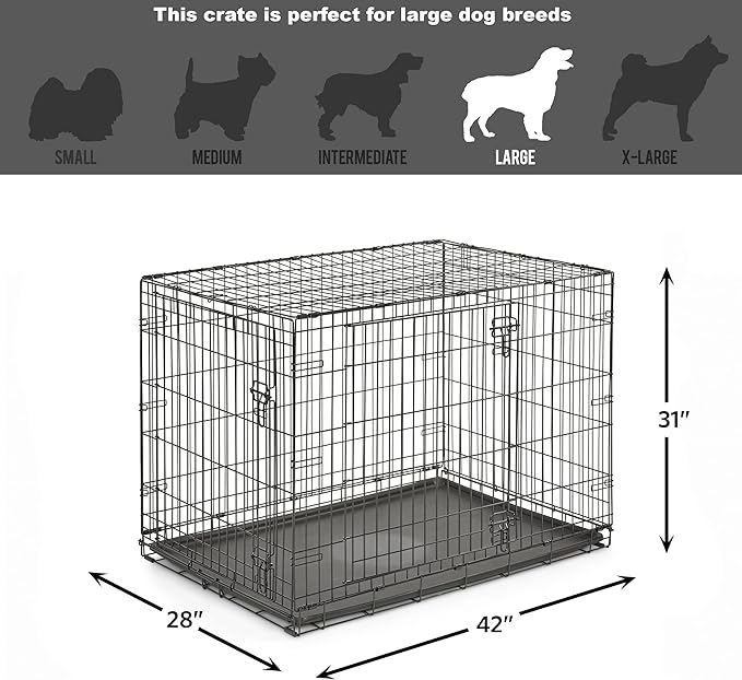 Midwest Homes for Pets 42-Inch New World Crate for Large Breeds, 71-90 lbs, Double Door Folding Dog Crate, Leak-Proof Tray & Secure Latches, Portable, Durable & Easy to Assemble