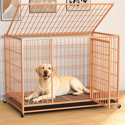 HIWOKK 48 Inch Large Dog Crate, Escape Proof Dog Cage with Dual Door Lock and Swivel Casters,Removable Tray for Easy Cleaning, Dog Kennel Indoor Outdoor Use