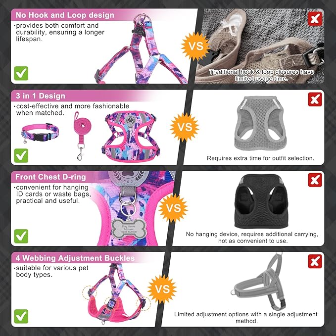 BEAUTYZOO Dog Harness Collar and Leash Set, No-Pull Step in Dog Harness for Large Dogs, Reflective No-Choke Puppy Vest Harness, Adjustable Soft Padded Pet Vest for French Bulldog, Dark Pink L