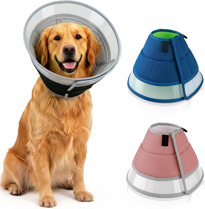 Premier Web Products Soft Dog Cone Collar To Stop Licking - Medium Dog Cone, Adjustable and Reversible Design, Non-Woven Breathable Fabric, Elizabethan Recovery Collar after Surgery for Cat, Black