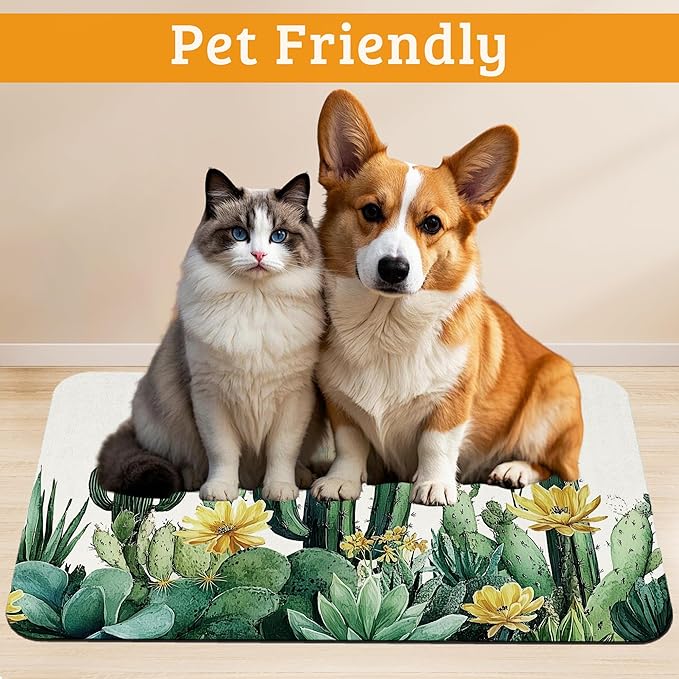 Tropical Cactuses Feeding Mat,Blooming Succulents Absorbent Quick-Dry Cat Dog Food and Water Bowl Mats,Non-Slip Rubber Backing Mat,Cat Dog Accessories Supplies 16" x 24"