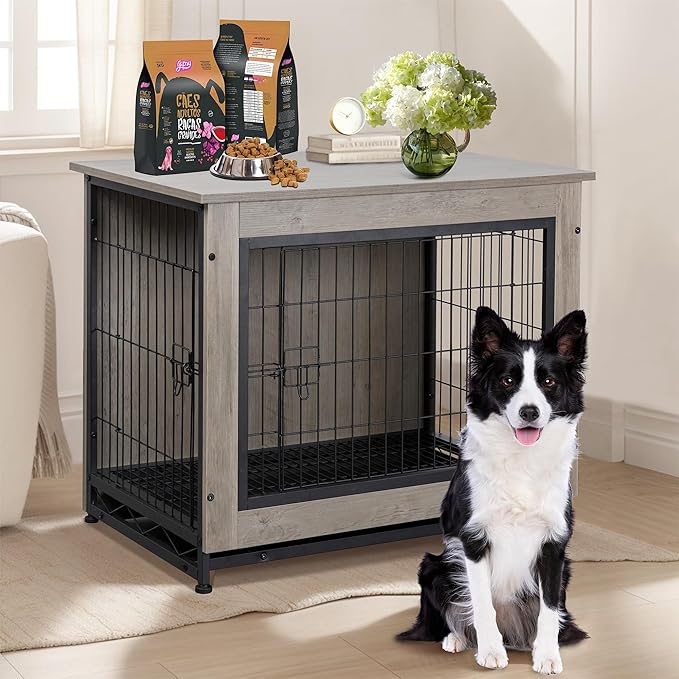 Shintenchi Wooden Dog Crate Furniture for Large Breed, L Double-Door Kennel Indoor with Removable Tray, End Table L Dog Crate for Decoration, 38.6" L, Grey