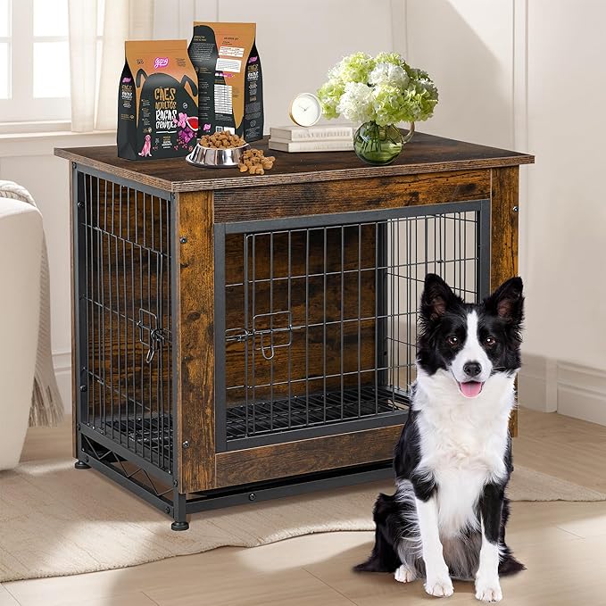 Shintenchi Wooden Dog Crate Furniture for Large Breed, L Double-Door Kennel Indoor with Removable Tray, End Table L Dog Crate for Decoration, 38.6" L, Brown