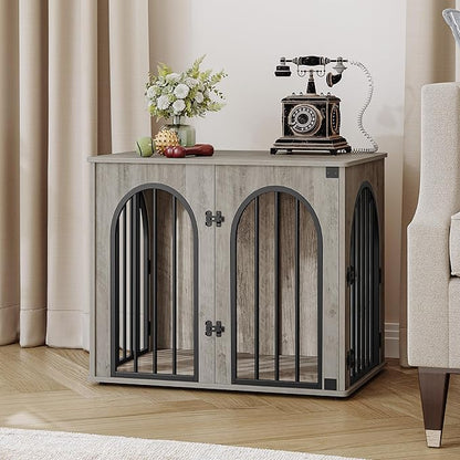 Hzuaneri 26.8'' Wooden Dog Crate Furniture, Indoor Dog Kennel Dogs Cage for Small Dogs, Heavy Duty Dog Crates Decorative Pet House End Side Table TV Stand, Greige DFC85505B