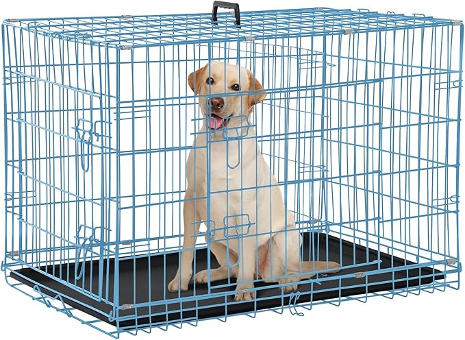 Dog Crate Dog Kennel Cage 42” Portable Foldable Indoor Outdoor Large Double Door Wire Metal Puppy Cat Pet Dog Cage with ABS Tray LC & Divider, Blue