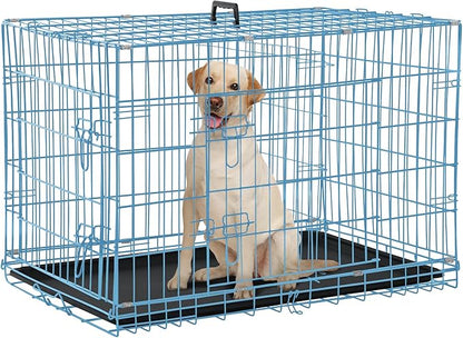 Dog Crate Dog Kennel Cage 42” Portable Foldable Indoor Outdoor Large Double Door Wire Metal Puppy Cat Pet Dog Cage with ABS Tray LC & Divider, Blue