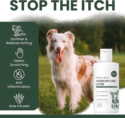 Chew + Heal Labs Hydrocortisone Lotion for Dogs - 8 oz Anti Itch Cream for Irritated Skin, Flea Bites, Itching, and More - Made in the USA