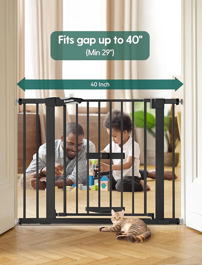 Babelio New Version Baby Gate with Cat Door Adjustable, 29-40" Metal Pet Door for Stairs & Doorways, Pressure Mounted, No Tools Needed, Black