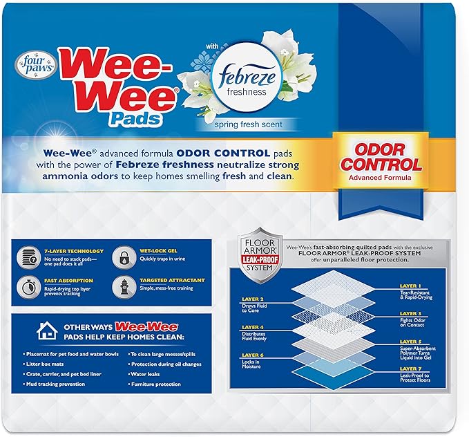 Four Paws Wee-Wee Odor Control with Febreze Freshness Pee Pads for Dogs & Puppies, Leak-Proof Dog Housebreaking Potty Training Floor Protection, Spring Fresh Scent, 28" x 30", 75 Count