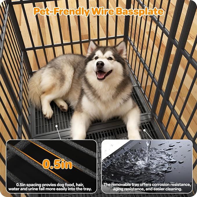 Hiwokk 54 Inch Heavy Duty Dog Crate, Indestructible Escape-Proof Dog Kennel for High Anxiety Large Dogs, Strong Metal Pet Cage with Double Doors, Lockable Wheels & Removable Tray, XL XXL XXXL