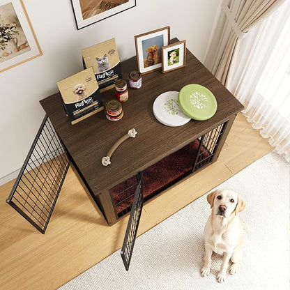 Greesum Modern Dog Crate Furniture That Doubles as a Side Table - Sturdy Wooden Kennel with Double Door Design, Equipped with Soft Cushion & Chew-Resistant Resign, Suitable for Dogs