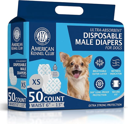 American Kennel Club Male Dog Wrap, Disposable Diapers with Wetness Indicator, X-Small, 50 Count