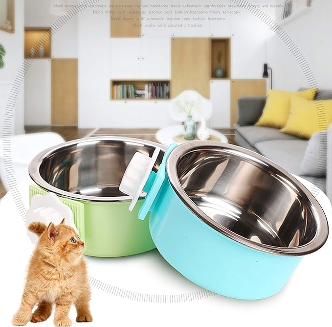 Pet Hanging Bowl 2-in-1 Removable Stainless Steel Food Hanging Bowl for Puppy/Cat, Andiker Pet Bowl Hanging Cage Large Water Food Feeder for Dogs Cats (Small, Green)