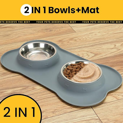 Conlun Dog Bowls with Silicone Feeding Mat,No Spill Food Water Dish Set,Dishwasher Safe,2 Stainless Steel Puppy Bowls with Dogs Bandanas,Suitable for Tiny Pets Under 8lbs,Extra Small,Grey