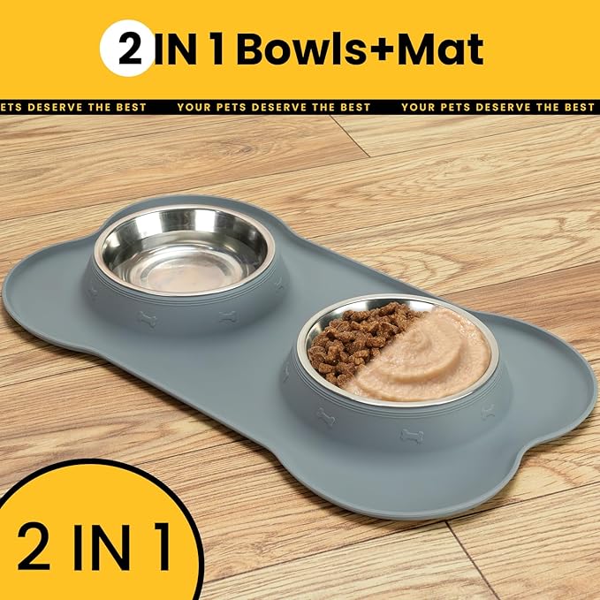 Conlun Stainless Steel Dog Bowls with Non-Slip Silicone Mat, Spill Proof Food & Water Bowls Set, Easy Clean Puppy Food Dish, Dishwasher Safe, Suitable for Dogs Cats Pet Under 20lbs, Small, Grey