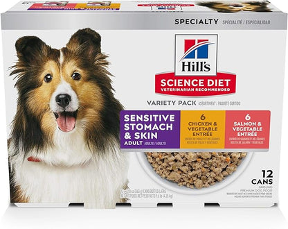 Hill's Science Diet Adult Sensitive Stomach & Skin Wet Dog Food Variety Pack, Chicken & Vegetable, Salmon & Vegetable, 12.8 oz. Cans, 12-Pack