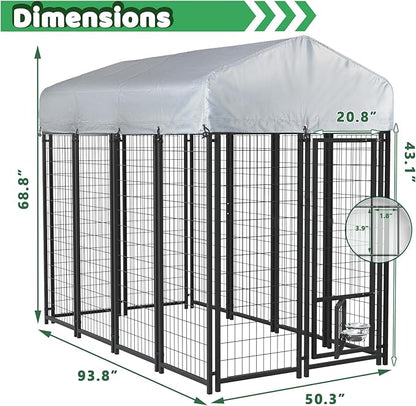 LEMBERI 8x4x6 FT Outdoor Dog Kennel for Large Dogs, Heavy Duty Welded Wire Steel Dog Playpen Fence with Secure Lock, Pet Pen with UV-Resistant Waterproof Roof Cover for Outside