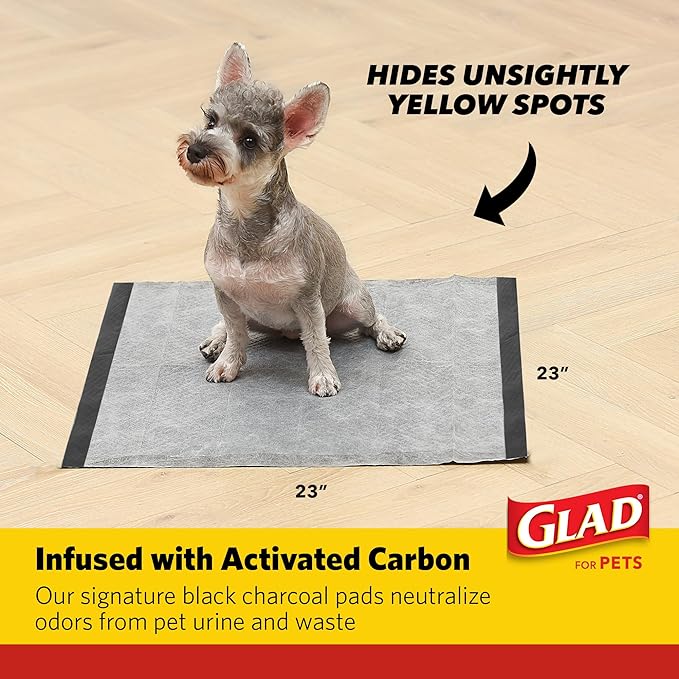Glad for Pets Activated Carbon Dog Training Pads with Anti-Microbial Technology, Odor Eliminator Pee Mats for Dogs, 6-Layer Leak-Proof Heavy Duty Indoor Puppy Potty Pads, 23 x 23 Inches, 30 Count