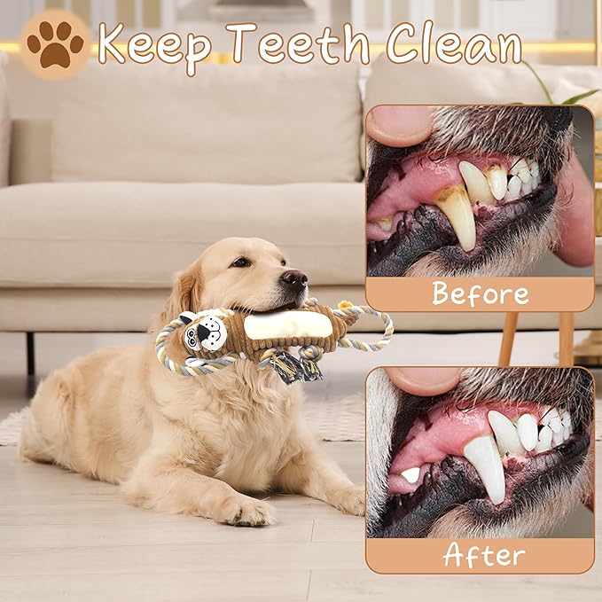 BUYPOW Squeaky Dog Toys, Interactive Tug of War Puppy Toys, Funny Plush Dog Chew Toys, Stuffed Dog Toys for Small,Medium and Large Dogs - Lion