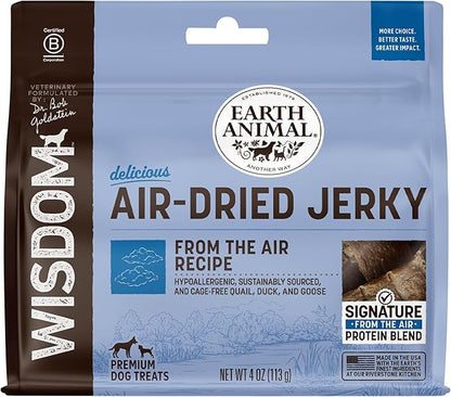 Earth Animal Wisdom Air Dried Jerky - From the Air Recipe Premium Natural Jerky Strips Dog Treats - 4 oz Bag
