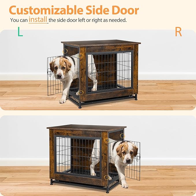 Shintenchi Dog Crate Furniture, Double-Doors Kennel Indoor with Removable Tray, End Table Dog House for Small Medium Breed, 32.5" L, Brown