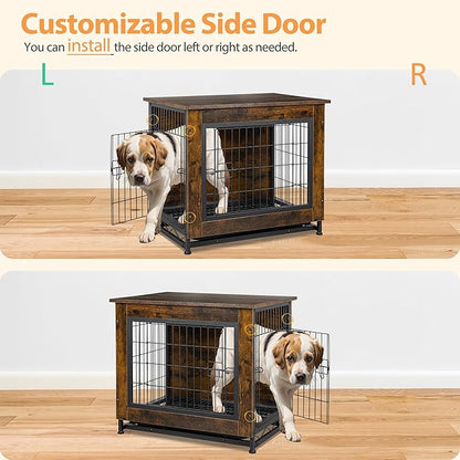 Shintenchi Dog Crate Furniture, Double-Doors Kennel Indoor with Removable Tray, End Table Dog House for Small Medium Breed, 32.5" L, Brown
