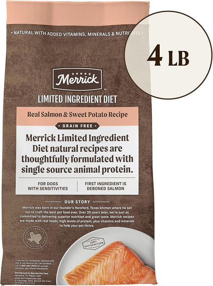Merrick Limited Ingredient Diet Grain Free Dry Dog Food, Premium And Healthy Kibble, Salmon And Sweet Potato - 4.0 lb. Bag
