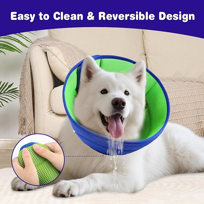 Soft Dog Cone for Dogs After Surgery, Breathable Pet Recovery Collar with Double-Layer Design (Green-Blue, L+)
