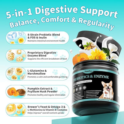Probiotics for Dogs, Digestive Enzymes & Pumpkin Fiber for Gut Health and Bowel Support, Dog Supplement for Gas Relief & Constipation, 10B CFU with 5 Prebiotics & 5 Enzymes, 90 Count Beef Flavor