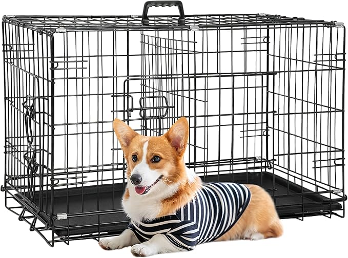 FDW 30-Inch Dog Crate Pet Cage with Metal Folding Design Plastic Tray Indoor Outdoor Dog Kennel Cage for Small and Medium Dogs,Dark Black