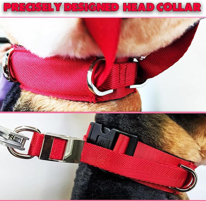 PetsProMax - Dog Headcollar for Pulling and Reactive Dogs; Behind Head Dog Leash Hook Lets You Walk Peacefully; Instantly Stops Your Dog Pulling. Dogs No-Pull Training Collar for Large Dogs. Red (S)