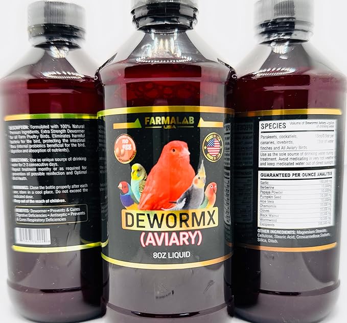 Farmalab Natural Dewormer No Withdraw Hens, Ducks, Roosters, Turkeys, Goose, Parakeets, Cockatiels, Lovebirds, Finches, Quakers, Pigeons, Palomas, Buchones, All Baby Chicks (8oz, Caged Birds Aviary)