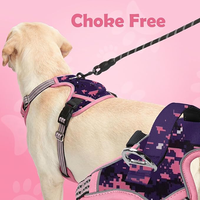 Funfox Dog Harness No Pull, Adjustable Pet Vest Harness, Super Soft Material with Vertical Handle Easy Control, Reflective Night Walking, 2 Leash Clips for Medium Sized Dogs, Mosaic Pink, M