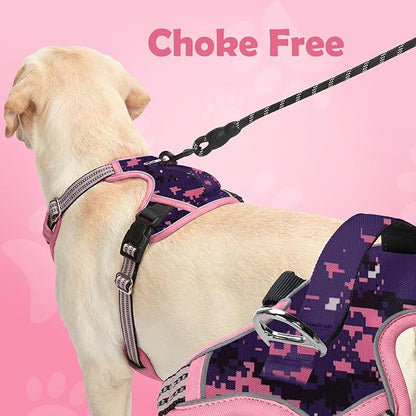 Funfox Dog Harness No Pull, Adjustable Pet Vest Harness, Super Soft Material with Vertical Handle Easy Control, Reflective Night Walking, 2 Leash Clips for Medium Sized Dogs, Mosaic Pink, M