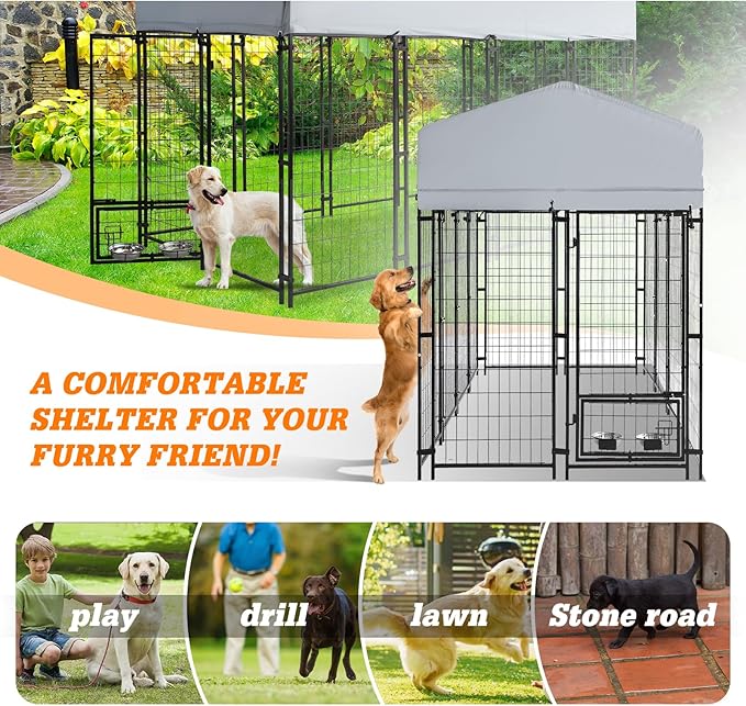 Outdoor Heavy Duty Large Dog Kennel Playpen - 8x4x6 Ft Welded Wire Steel Dog Run Enclosure Crate Cage with UV-Resistant Roof and Secure Lock for Chicken, Rabbit, Fox in Yard Patio Lawn