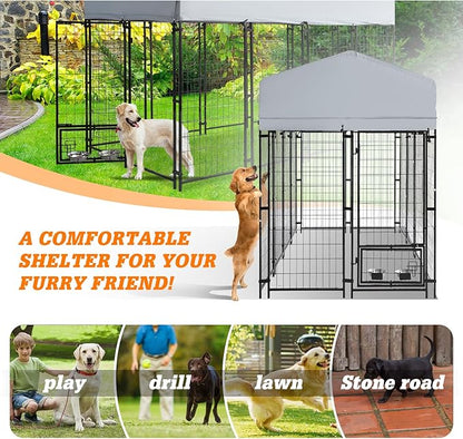 Outdoor Heavy Duty Large Dog Kennel Playpen - 8x4x6 Ft Welded Wire Steel Dog Run Enclosure Crate Cage with UV-Resistant Roof and Secure Lock for Chicken, Rabbit, Fox in Yard Patio Lawn