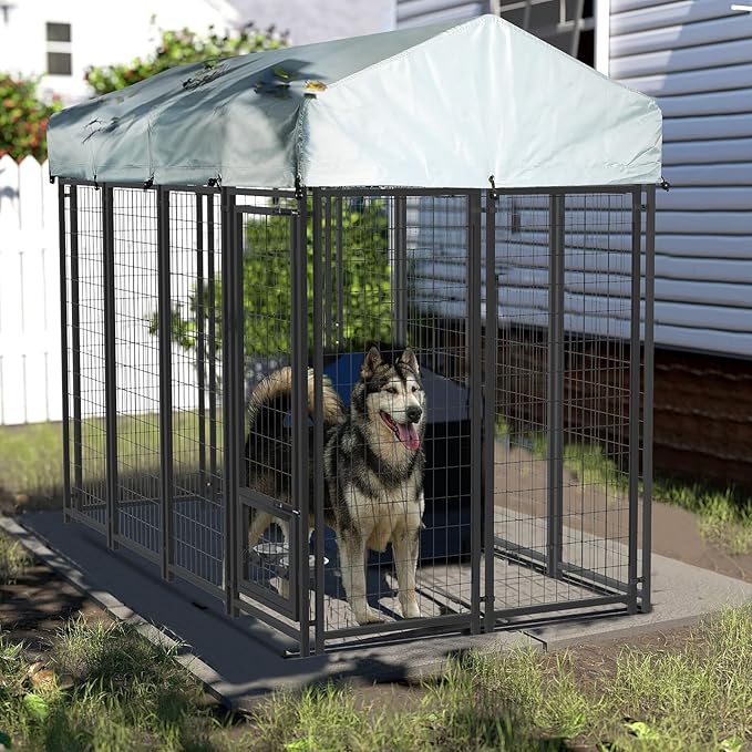 LEMBERI 8x4x6 FT Outdoor Dog Kennel for Large Dogs, Heavy Duty Welded Wire Steel Dog Playpen Fence with Secure Lock, Pet Pen with UV-Resistant Waterproof Roof Cover for Outside