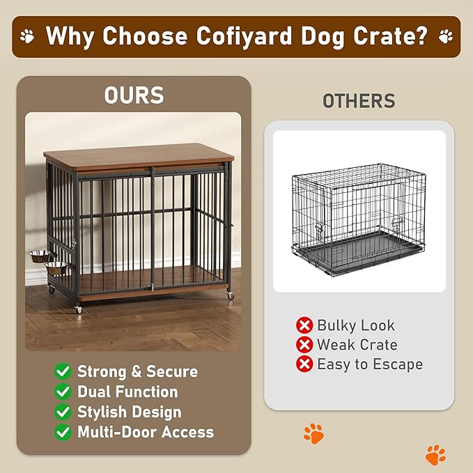 Cofiyard Dog Crate Furniture, 42’’ Wooden Dog Kennel Indoor with Sliding Front Door, Multi-Side Openings & Feeding Window Pet Cage House as TV Stand