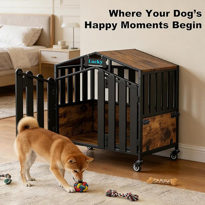 EasyCom 31" Heavy Duty Dog Crate Furniture, Dogs Kennel Indoor with 360° Wheels, Decorative Dog Crates for Small Dogs, Wooden Dog Cage with Feeding Window and Name Tag, Dog House, Rustic Brown