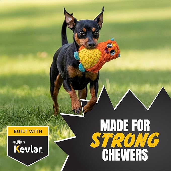 Bite Force - Durable & Strong Dog Toy Orange Monster with Squeaker, Kevlar-Reinforced for Aggressive Chewers.