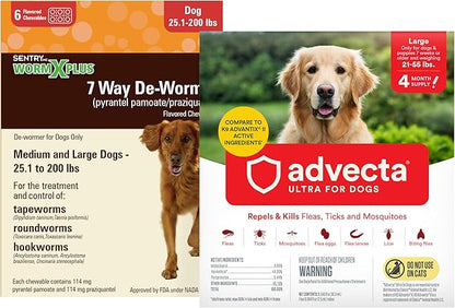 Worm X Plus 7 Way DeWormer for Large Dogs Over 25 lbs (6 Count) + ADVECTA Flea and Tick Prevention for Large Dogs 21-55 lbs (4 Count) Bundle