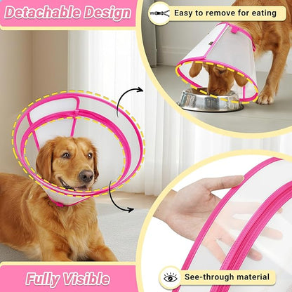 Dog Cone to Stop Licking, Clear Recovery Collar with Detachable Zipper, Sturdy Elizabethan Collar for Large Medium Small Dogs, Soft Adjustable Cone After Surgery Patented, Hot Pink S