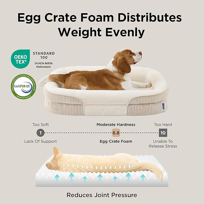 Bedsure L Plus Orthopedic Dog Beds Large Sized Dog - 360° Oval Bolster Large Dogs Bed for Senior Dogs with Waterproof Washable Cover, Big Comfort Pet Sofa Couch with Ultra-Soft Fleece, Beige, 38"
