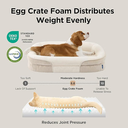 Bedsure L Plus Orthopedic Dog Beds Large Sized Dog - 360° Oval Bolster Large Dogs Bed for Senior Dogs with Waterproof Washable Cover, Big Comfort Pet Sofa Couch with Ultra-Soft Fleece, Beige, 38"