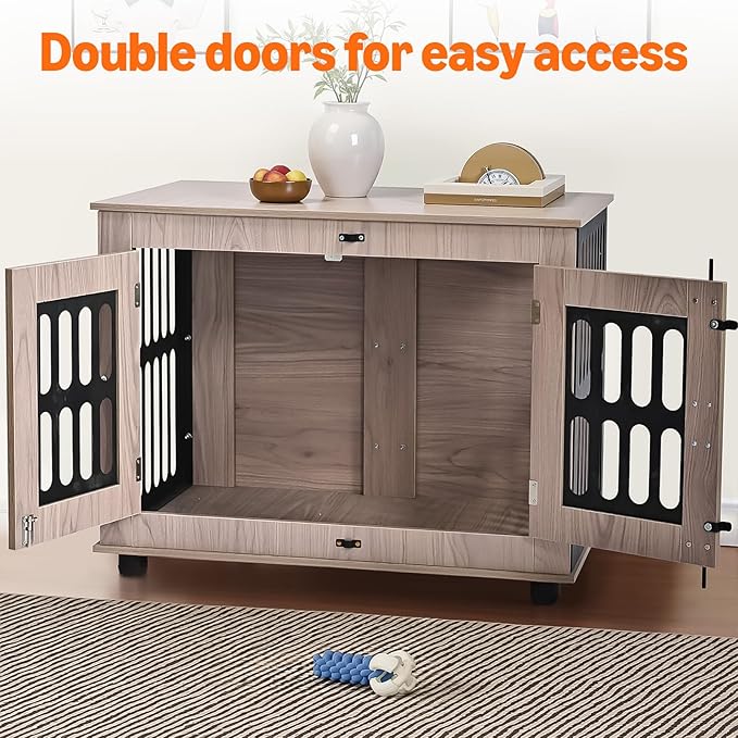 Amazon Basics Heavy Duty Dog Crate Furniture for Small to Medium Dogs, Wooden Dog House Dog Kennel Cage Indoor with Safety Lock, 38.5" L x 26.8" W x 25.6" H