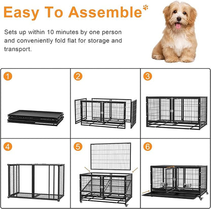 BOLDBONE 43 inch Heavy Duty Dog Crate for Large Dogs, Stackable Dog Kennels and Metal Wire Cages with Feeding Bowls, Leak-Proof Pans, Removable Wire Trays and Divider, Extra Large XL XXL