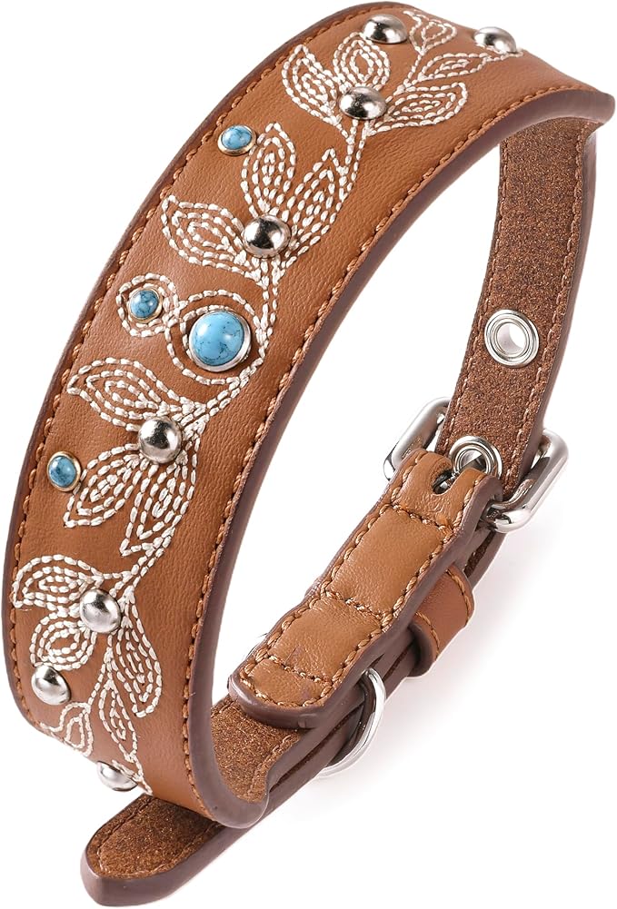 Blueberry Pet Western Dog Collar in Canyon Brown - 12-15 Inch Necks Floral-Embroidered Leather with Turquoise Studs, Adjustable