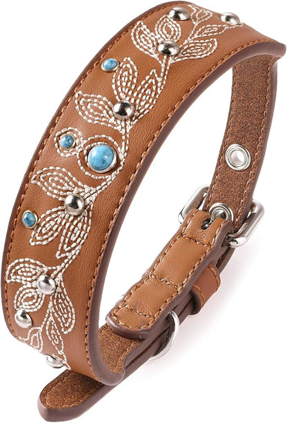 Blueberry Pet Western Dog Collar in Canyon Brown - 12-15 Inch Necks Floral-Embroidered Leather with Turquoise Studs, Adjustable