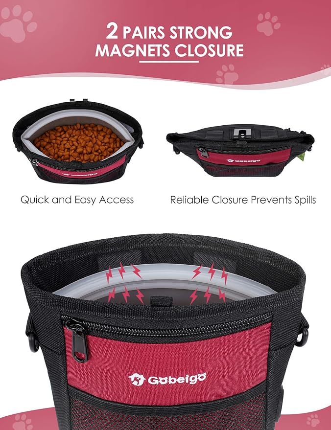 Gobeigo Dog Treat Pouch, Magnetic Closure & Sealable Silicone Bag Insert, 4-Cup Capacity – Belt Clip/Waist Belt/Crossbody Wear, Clicker Included – Great for Pet Training & Walking (Red)