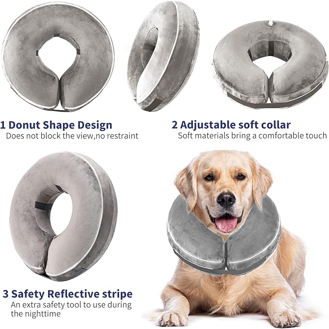 Inflatable Reflective Dog Cone Collar Alternative After Surgery,Doggie Recovery Dount Neck Ecollar,Adjustable Soft Dog Cone Collar for Small Medium Large Dogs (Grey, M)